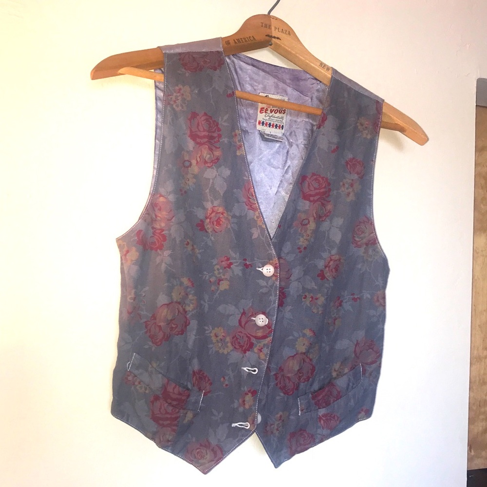 Et Vous 80s floral linen vest hand dyed spring unisex M vintage one of a kind - Picture 2 of 5